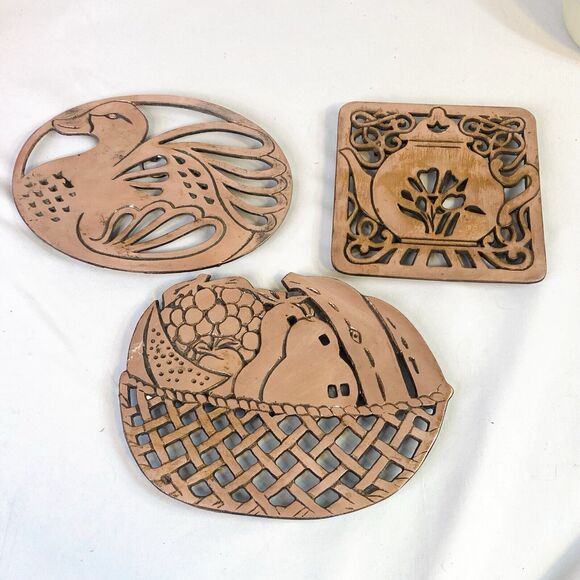 Vtg Lot of 3 Footed Copper Trivets Swan or Goose Teapot Fruit Basket Wall Decor - Picture 1 of 7